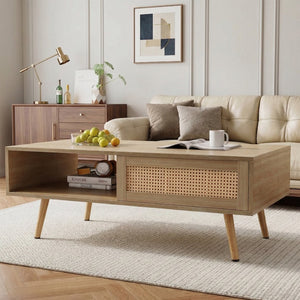 English Elm 41.34" Woven Rattan Coffee Table with Sliding Storage Door and Solid Wood Legs W126573113
