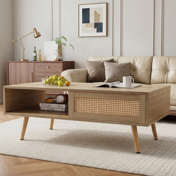 English Elm 41.34" Woven Rattan Coffee Table with Sliding Storage Door and Solid Wood Legs W126573113