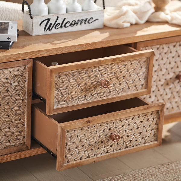 English Elm Rattan Mid-Century TV Stand 63.8" for TVs up to 65" — Rattan Doors, 2 Drawers, Adjustable Shelf, Cord Management W3040P382306