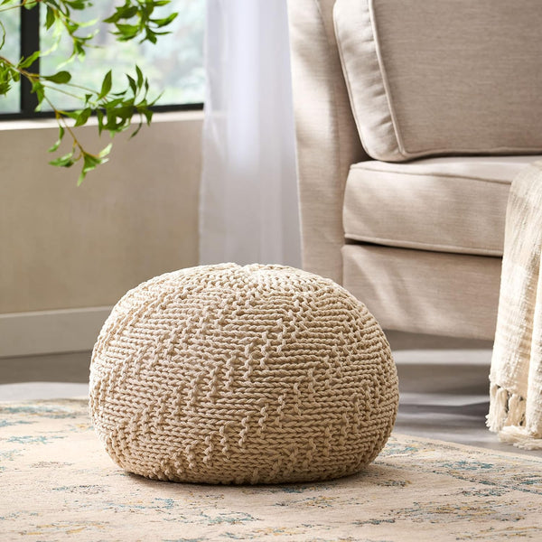 English Elm Christopher Knight Home® - HAZEL Pouf Modern Knit Weave Fabric Ottoman Stool — Textured Round Accent Seat, 20" x 14" Sized Ivory 60495.00IVY