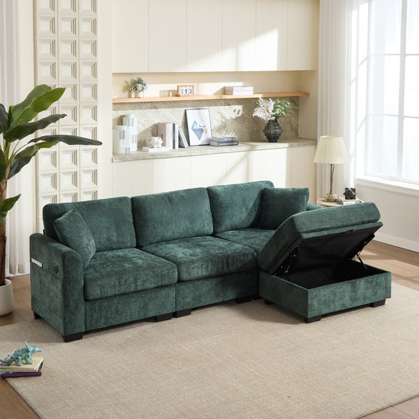 English Elm Modern Chenille L-shaped Sectional with Usb Charging Ottoman Storage Living Room Couch Green W2120S00017