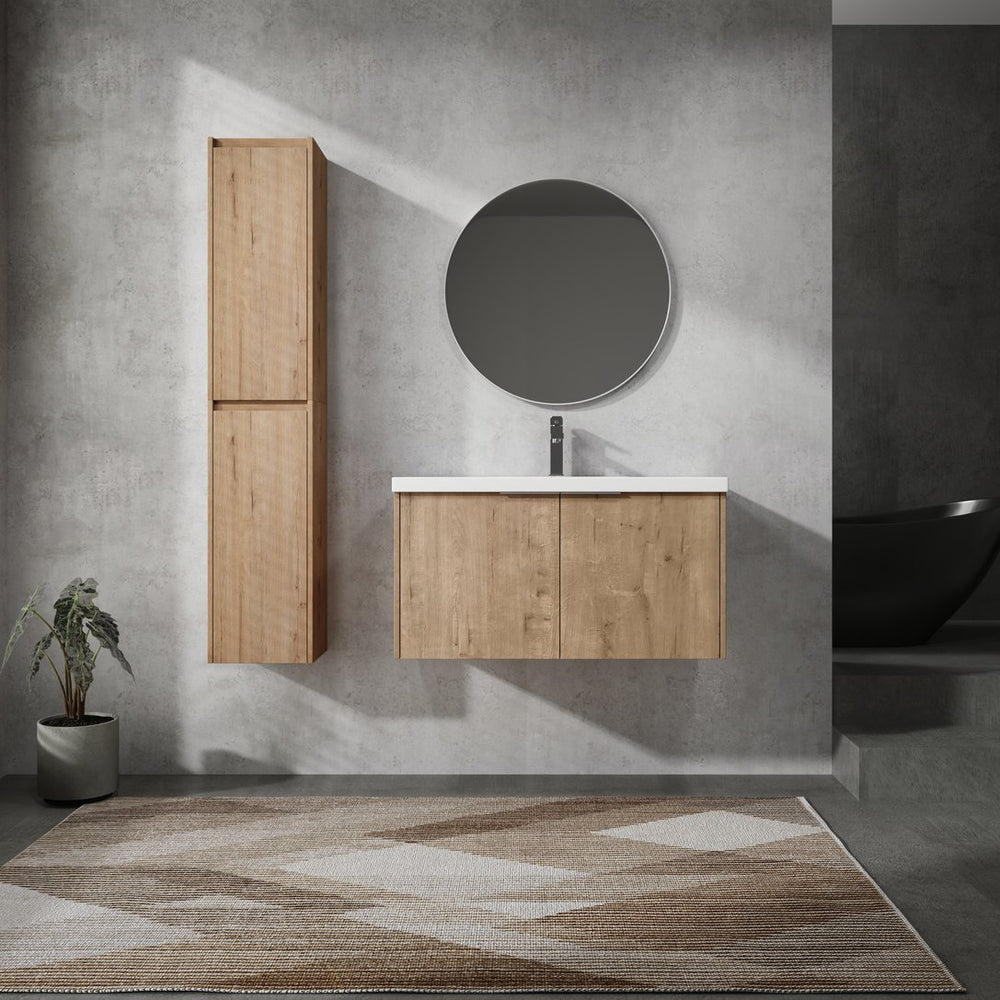 English Elm 36" Wall-Mounted Bathroom Vanity With Sink & Side Cabinets – Modern Soft-Close Design & Storage Solutions W999S00223