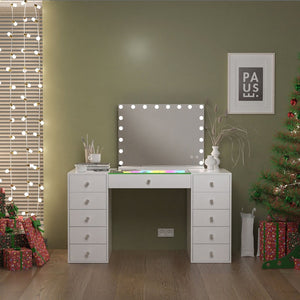 English Elm Vanity Desk Hollywood Mirror 18 Led Bulbs Rgb Strip Bluetooth Speakers 11 Drawers W3660S00003