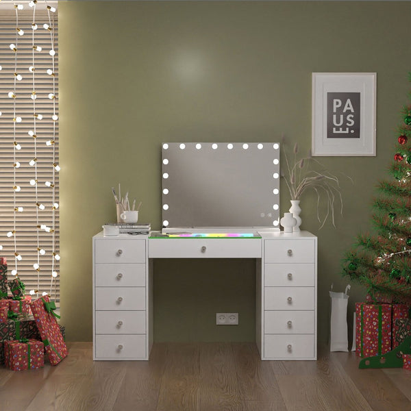 English Elm Vanity Desk Hollywood Mirror 18 Led Bulbs Rgb Strip Bluetooth Speakers 11 Drawers W3660S00003