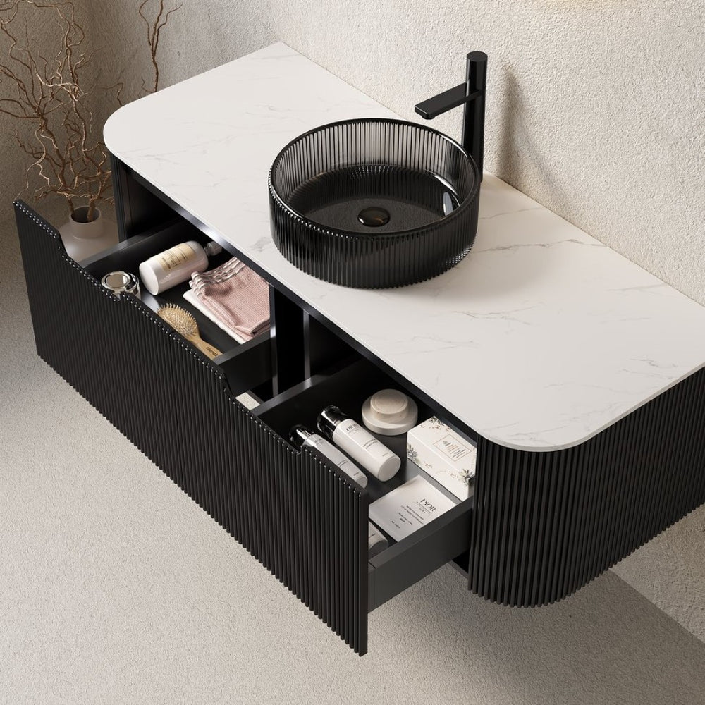English Elm Dina Floating Bathroom Vanity with Crystal Glass Basin and Sintered Stone Top Black,Carrara White W2615S00248