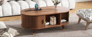English Elm [Assembly Fluted Tambour Coffee Table with 360° Sliding Door, Built-In Charging Station & Mid-Century Flair Walnut N721P297572D