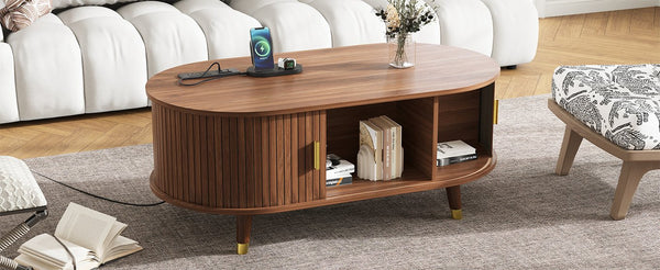 English Elm [Assembly Fluted Tambour Coffee Table with 360° Sliding Door, Built-In Charging Station & Mid-Century Flair Walnut N721P297572D