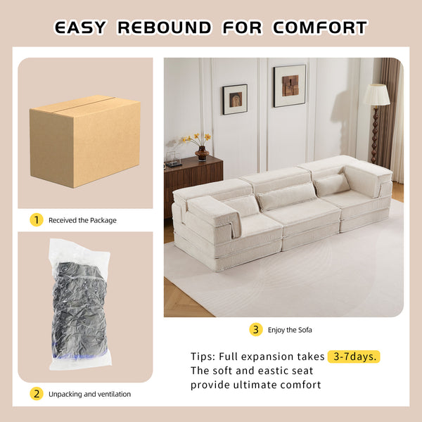 English Elm Compression Mahjong Sofa - Versatile Convertible Floor Bed, Soft Fleece, No Assembly, 3 Pillows W3723S00019