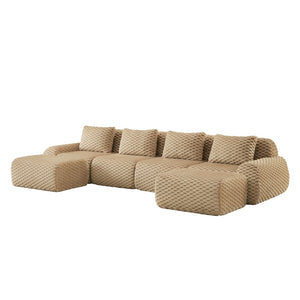 English Elm 146" U-shaped Modular Sectional Flannelette Sofa with Ottoman for Spacious Living Rooms Light Camel W714S01516