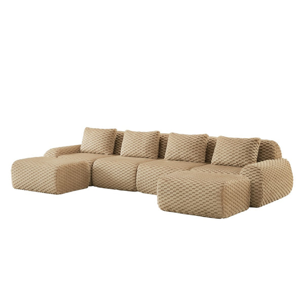 English Elm 146" U-shaped Modular Sectional Flannelette Sofa with Ottoman for Spacious Living Rooms Light Camel W714S01516