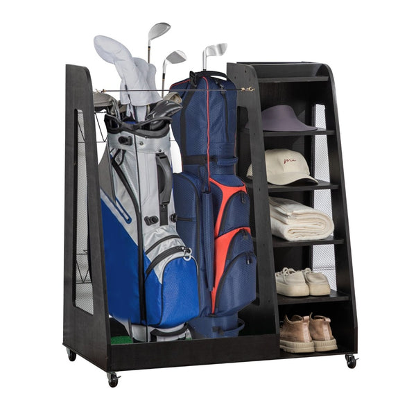 English Elm Golf Bag Storage Rack Wooden 2 Bag Organizer with Shoe Shelf for Garage Basement Black W1422P296350