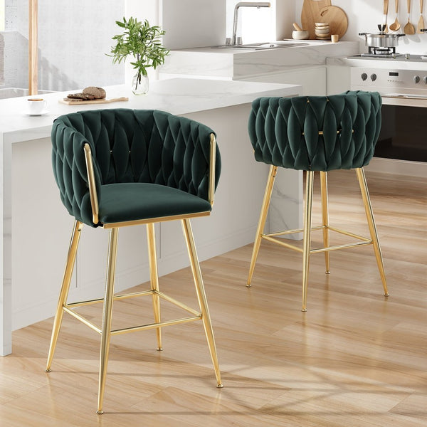 English Elm Counter Height Stools Set of 2 Mid-century Metal Legs Ergonomic Kitchen Island Seating Green T3623P430902