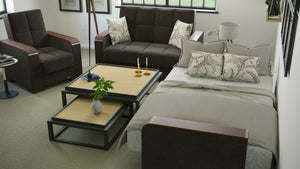 English Elm PrimeNest ZenAero Upholstered Wood Trim Convertible Sofabed with Storage, Click-Click Sleeper Comfort Brown B030P286535