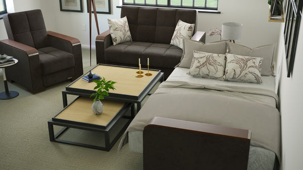 English Elm PrimeNest ZenAero Upholstered Wood Trim Convertible Sofabed with Storage, Click-Click Sleeper Comfort Brown B030P286535