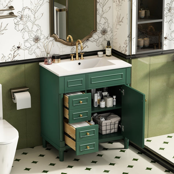 English Elm 30" Bathroom Vanity with Sink — Freestanding Modern Cabinet with Soft-Close Door, 2 Deep Drawers, Durable Basin Green N710P288938F