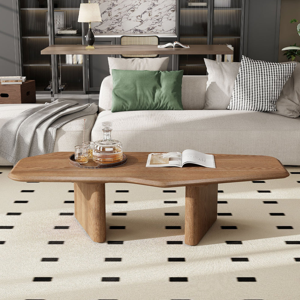 English Elm 47.2 Rustic Ash Wood Veneer Coffee Table with Organic Edge, Walnut Stain, MDF Core, Minimal Assembly W3136P354203