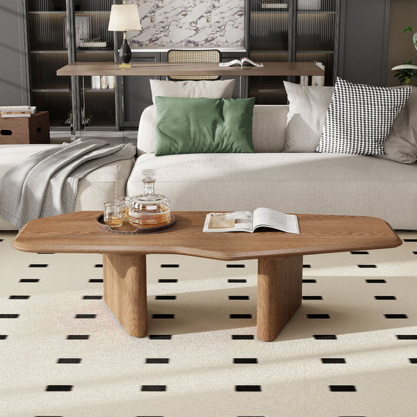 English Elm 47.2 Rustic Ash Wood Veneer Coffee Table with Organic Edge, Walnut Stain, MDF Core, Minimal Assembly W3136P354203