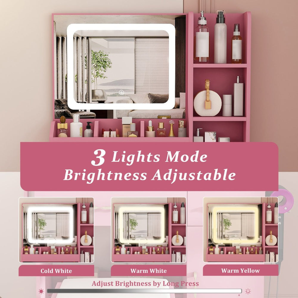 English Elm Vanity Desk with Led Mirror Power Station 3 Drawers Shelves and Makeup Stool W2700P342539
