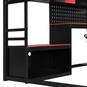 English Elm Full Size Gaming Loft Bed with Built-in Desk Led Lighting Usb Ports and Pegboard Black+Red LT000270AAR