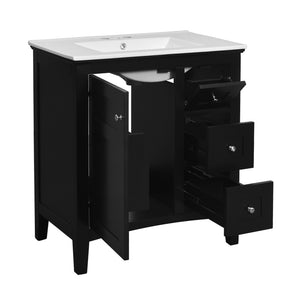 English Elm 30 Inch Bathroom Vanity with Ceramic Sink and 3 Smooth-Glide Drawers, Modern Moisture-Resistant Storage Black N710P252105B