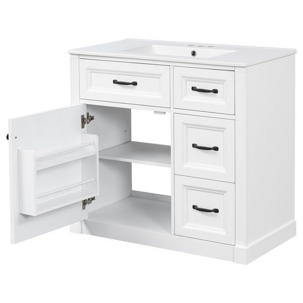 English Elm 36 Inch Bathroom Vanity With Sink – Modern Design, Soft-Close Drawers & Adjustable Storage Shelf, White Finish N725P336549K