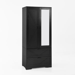 English Elm 2 Door Wardrobe Closet with Full Length Mirror Motion Light Hanging Rod and Drawers Black W409P266778