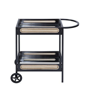 English Elm Colson Black Finish Serving Cart with Mirrored Shelf, Rattan Accents, Metal Frame & 2 Wheels, KD B2726P292343
