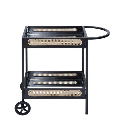English Elm Colson Black Finish Serving Cart with Mirrored Shelf, Rattan Accents, Metal Frame & 2 Wheels, KD B2726P292343