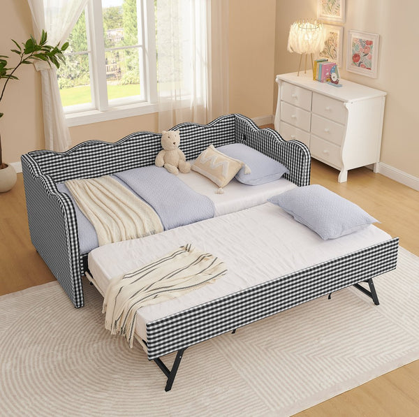 English Elm Cozy Twin Gingham Daybed with Trundle Sofa Bed, Linen Upholstery, USB Port, Wave Frame Design Black W1413S00102