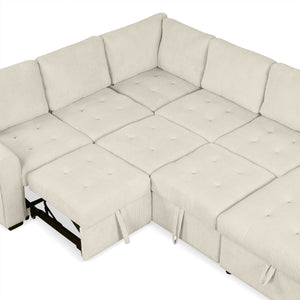 English Elm 107.5" U-shaped Sofa Sectional with Storage Chaise, Pull-Out Bed, USB Charging, Corduroy Comfort Beige N719S001570A
