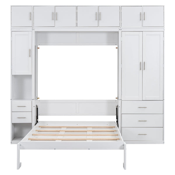 English Elm Full Full Size Murphy Bed with Lockers & Wardrobes in White — Space-Saving Foldaway Cabinet, Shelves, Drawers, Installation Video Included GX000392AAK