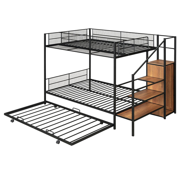 English Elm Twin Metal Bunk Bed with Trundle, Lateral Storage Ladder & Wardrobe | Space-Saving Durable Design Black SF000173AAB