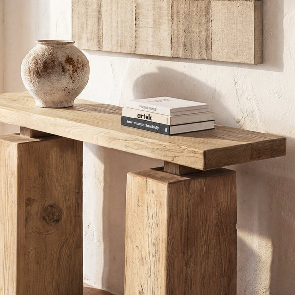 English Elm Calder Reclaimed Elm Plinth Console Table Sculptural Entryway Accent in Warm Brown B2719P474447