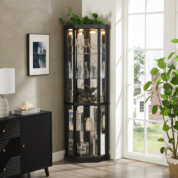 English Elm Lighted Corner Curio Cabinet - Stunning Display Case With Built-In Lighting For Antiques & Wine Storage W1758P300102