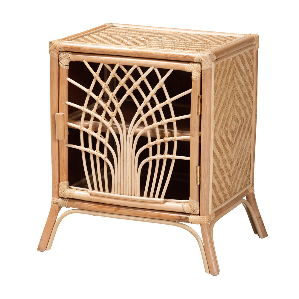 English Elm Modern Woven Rattan Bohemian Nightstand with Drawer and Open Shelf for Bedroom B2750P420375