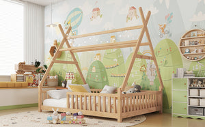 English Elm Full House Kids House Bed with Roof & Fence, Low Floor Solid Pine Frame, Stylish Nightlight Ready Natural 80.91 L x 15.55 W x 6.5 H W2593P296922
