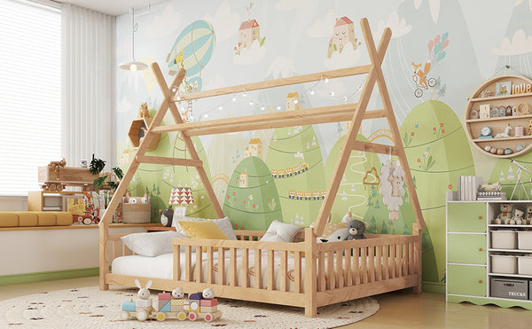 English Elm Full House Kids House Bed with Roof & Fence, Low Floor Solid Pine Frame, Stylish Nightlight Ready Natural 80.91 L x 15.55 W x 6.5 H W2593P296922