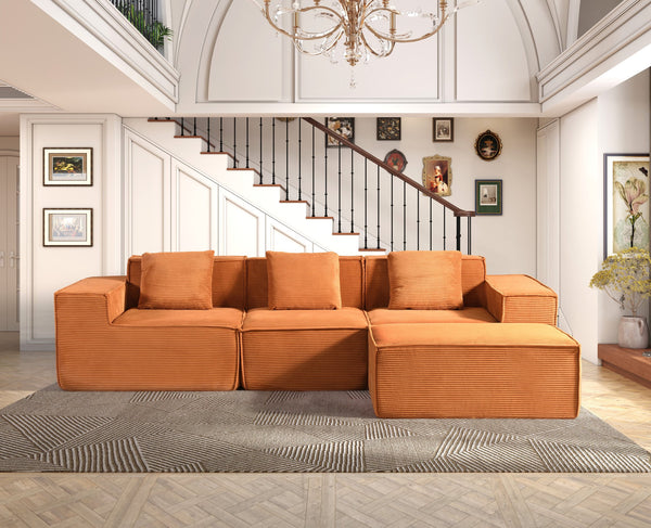 English Elm CozyForm Corduroy Convertible Sectional Sofa with Ottoman and Pillows, Modular L‑Shape Sleeper Comfort Pumpkin Orange B2735S00034