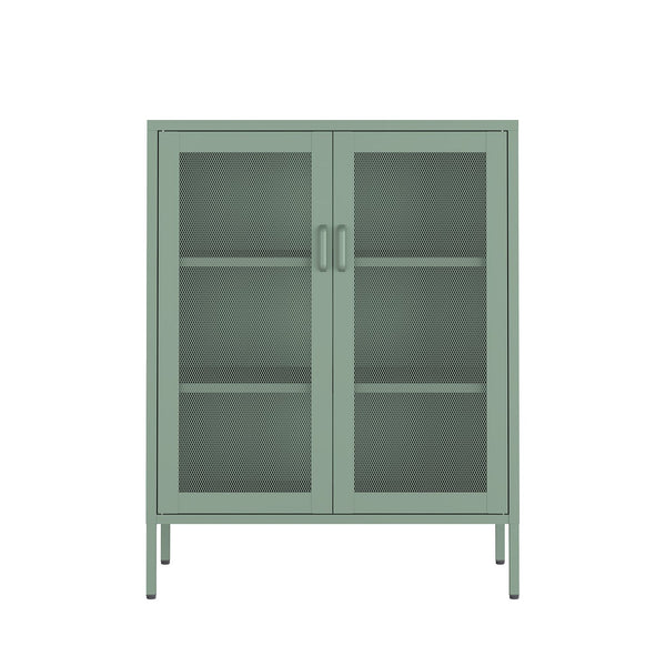 English Elm Amelia Metal Accent Cabinet 32" — Steel Mesh Doors, Adjustable Shelves, Minimalist Legs for Modern Storage Solutions Sage Green B365P397886