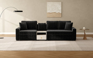 English Elm Modern Chenille Three Seat Sofa with Console Storage Armrest for Living Room Black N763S000060B