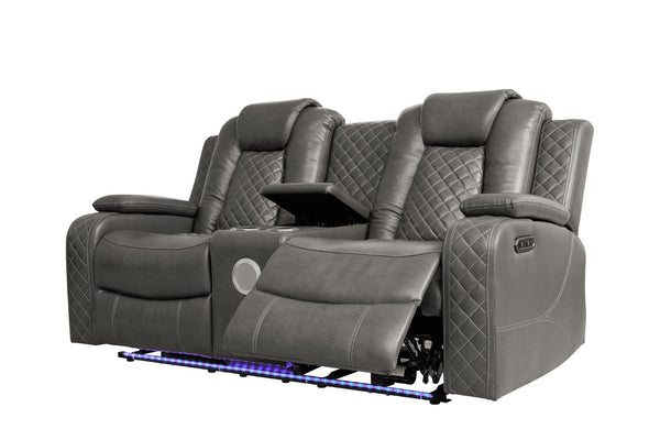 English Elm Violetglow Reclining Sofa with Led Lighting Wireless Charging and Bluetooth Speakers Grey B2730S00035