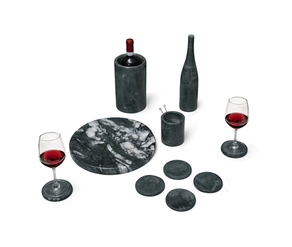 English Elm Green Diamond marble 10-piece luxury dining set — genuine green stone coasters, tray, cooler, vase sculpture W1696P333267