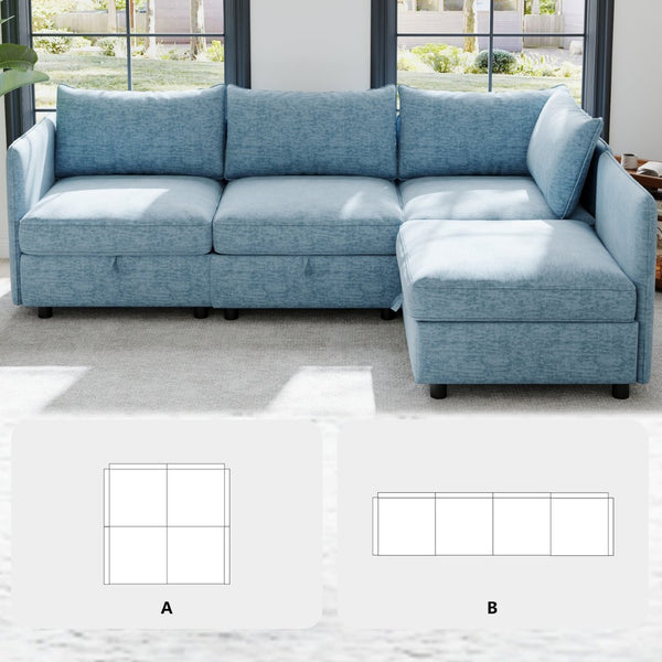 English Elm Modular Sectional Sofa Set with Hidden Storage Pocket Spring Living Room Couch Antique Blue W680S00141