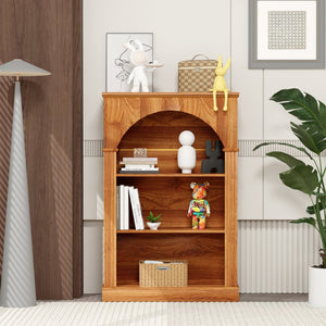English Elm Vintage Hand-carved Solid Wood Bookcase Tall Arched Open Shelf Cabinet for Living Room W3123P485376