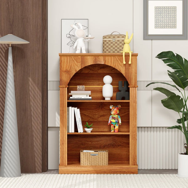 English Elm Vintage Hand-carved Solid Wood Bookcase Tall Arched Open Shelf Cabinet for Living Room W3123P485376