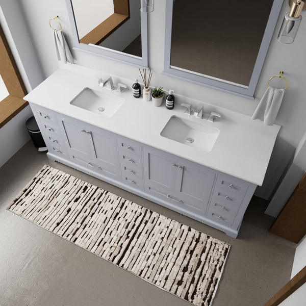 English Elm Dark Grey Double Bath Vanity 84" W x 22" D with White Quartz Top, 14 Drawers, Soft-Close, Faucet (98) B2731P258427