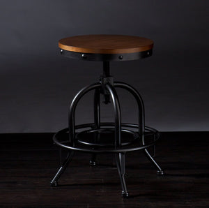 English Elm Industrial Adjustable Stool with Distressed Pine Seat and Curved Metal Frame, Height Adjustable Vintage Style Black B20479038