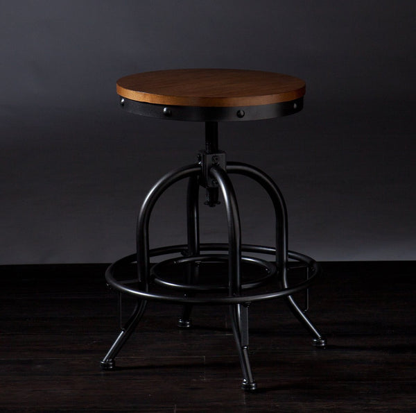English Elm Industrial Adjustable Stool with Distressed Pine Seat and Curved Metal Frame, Height Adjustable Vintage Style Black B20479038