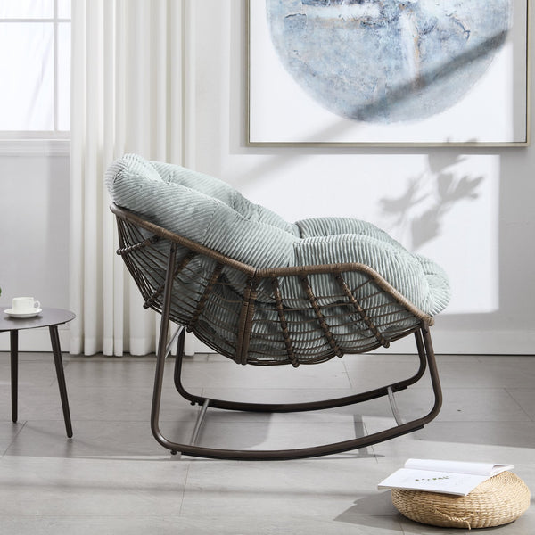 English Elm Outdoor Rattan Oversized Rocking Egg Chair with Padded Velvet Cushion, Sturdy Steel Frame, Light Green W640P271523