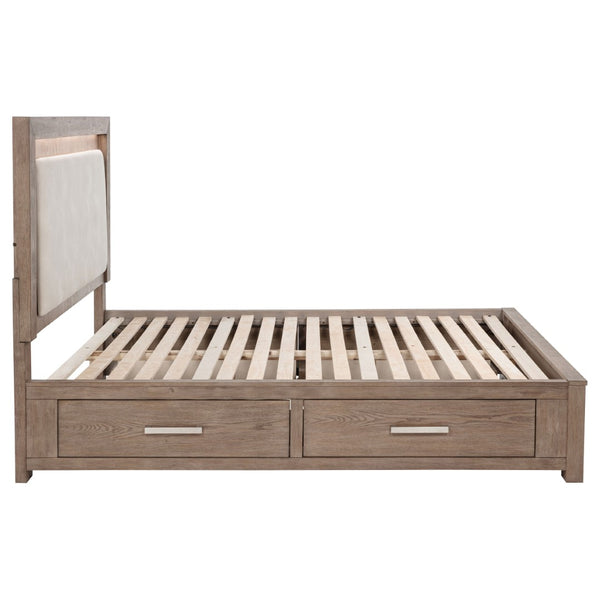 English Elm Gibbons Queen Storage Bed with Led Headboard and Four Drawers in Warm Oak Veneer B062S01577